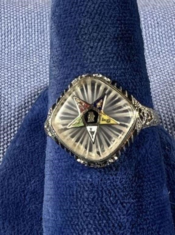 WOMANS 14K WHITE GOLD ANTIQUE MASONIC RING