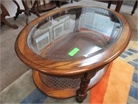 Oval Coffee Table, Oak, Glass Top Insert, Caned Sh