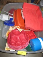 Tote of Plastic Kitchen Items