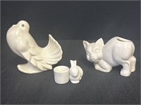 Ceramic, pottery fantail pigeon, cat & bunny