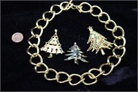 Vintage  Xmas Tree Pins, Chain Necklace,