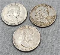 3 Franklin Half Dollars, 1951, 1951, 1961