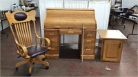 Oak Rolltop Desk, chair & side cabinet(keys)