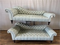 Pair of Tufted Green Fabric Chaise Style Sofas