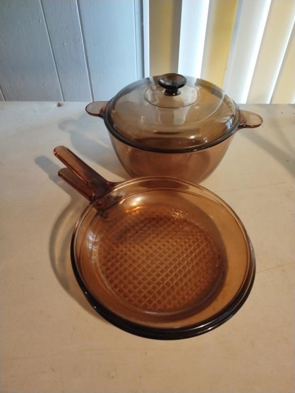 Vision glass baking pans and a pot with lid