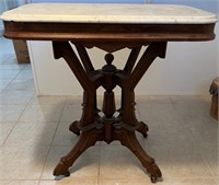 71 - ANTIQUE PEDESTAL TABLE W/ COMPOSITE MARBLE TO