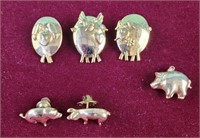 3 goldtone pig pins, 1 pig pendant, 2 small pig
