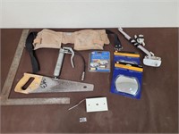 tool belt, hand saw, deer warning, etc