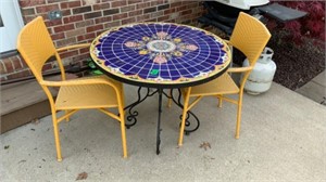 Outdoor Tile Top Table, wrought iron base and 2