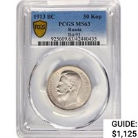 1913 BC 50 Kopeks Russia PCGS MS63 Bit-93