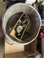 Aluminum pan with a wooden box and grinding
