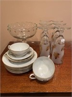 Gold Leaf Stemware, Asian Cup And Saucers, Fruit