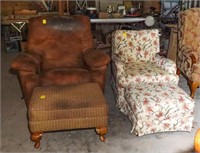 Flower Upholtered Armchair with Ottoman and Brown