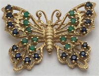 14k Gold, Sapphire & Emerald Butterfly Pin