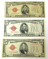 (3) 1928 $5 RED SEAL U.S. NOTES