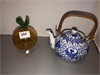 Glass fruit and teapot decor