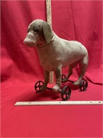 Antique Patchwork Stuffed Toy Dog On Wheels