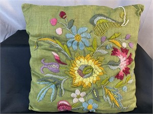 Vintage Crewel Embroidery Accent Pillow