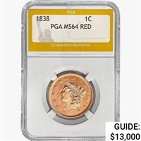 1838 Coronet Head Large Cent PGA MS64 RED