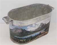 Vtg Galvanized Wash Tub w / Mtn Scenery Paper