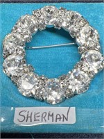 Stunning Signed Sherman Large Clear Brooch