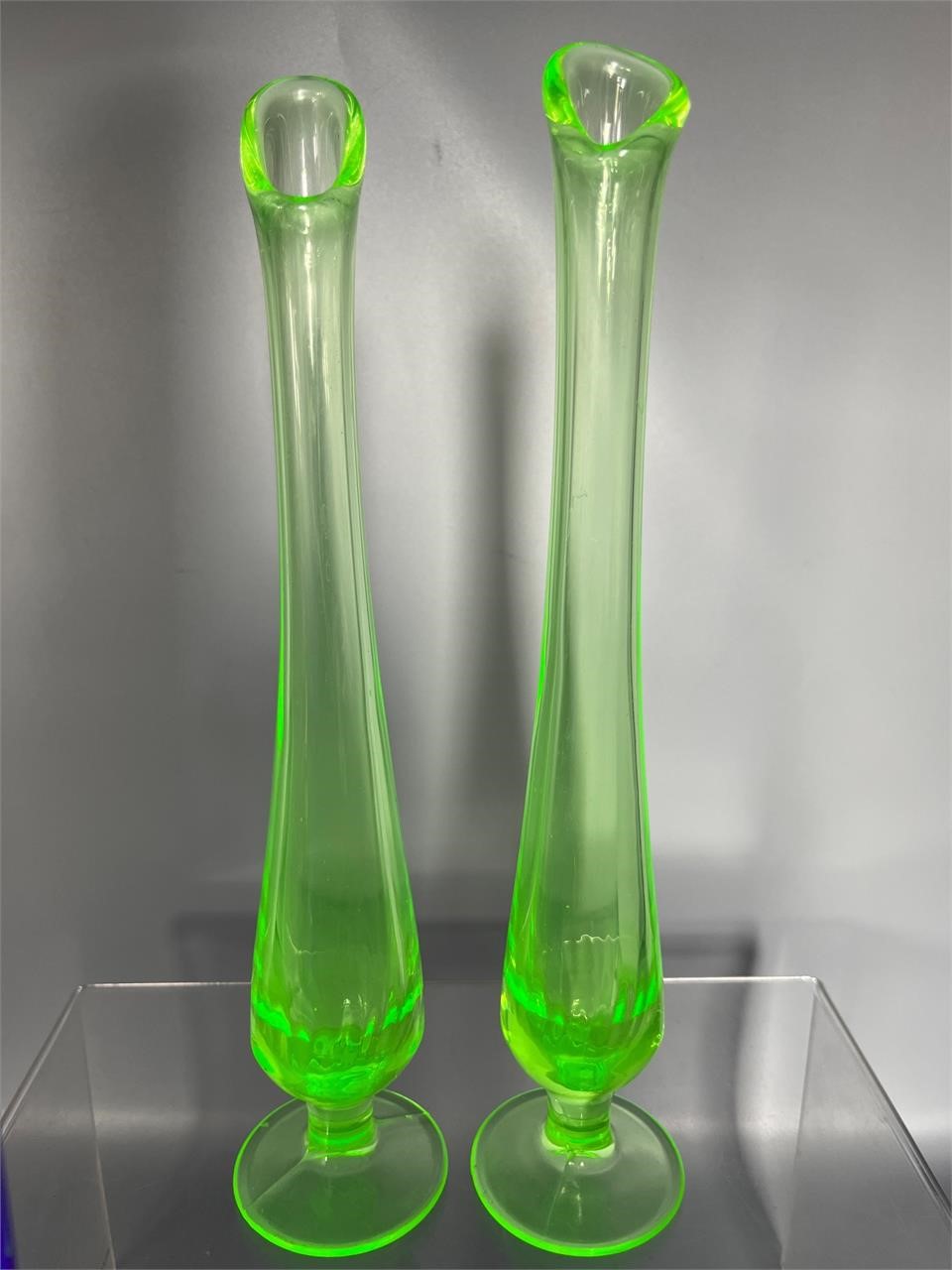 Pair of vintage uranium glass bud bases