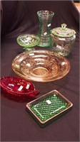 Six pieces of colored Depression glass: green