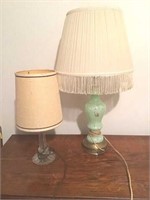 TWO LAMPS, ONE GREEN GLASS WITH HANDCRAFTED