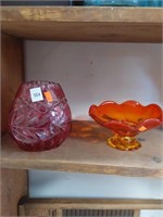 Cranberry Cut to Clear Vase & Viking Glass Compote