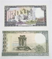 Lebanon Liban 50 & 250 Livres Crisp UNC Banknotes