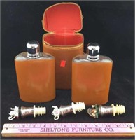 Flask Set in Cowhide Case & Decorative Stoppers