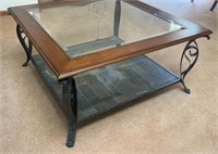 Massive Wood, Iron & Glass Coffee Table