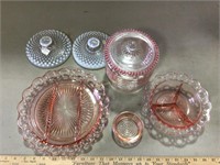 Pink dish ware 2 opalescent Fenton hobnail lids