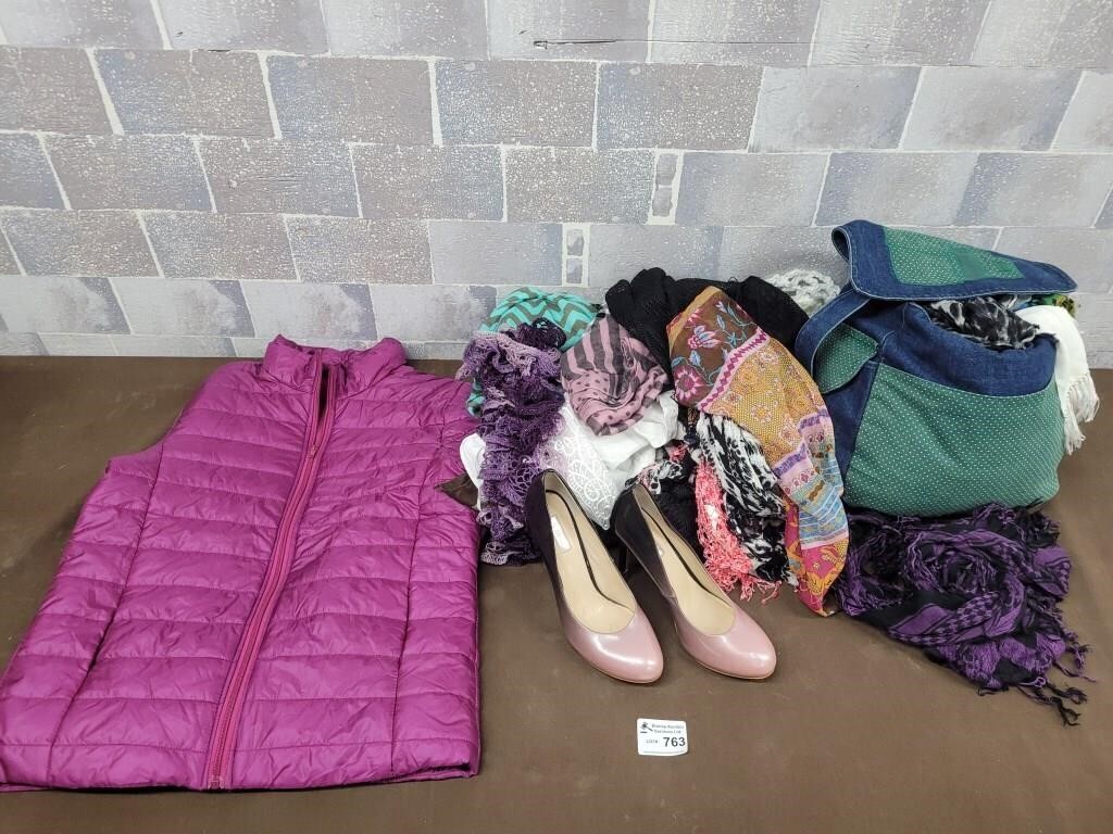 Guess shoes, scarves, pink jacket