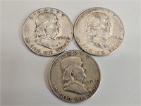3 Silver Franklin Half Dollar Coins 51,52 &54