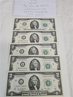 Five MINT 2$ Dollar Bills Consecutive Series