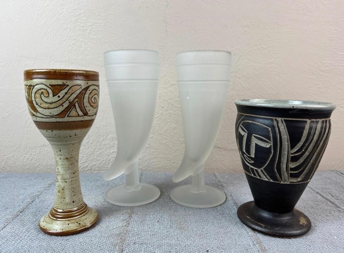 Frosted Horn Glasses with Pottery Goblets