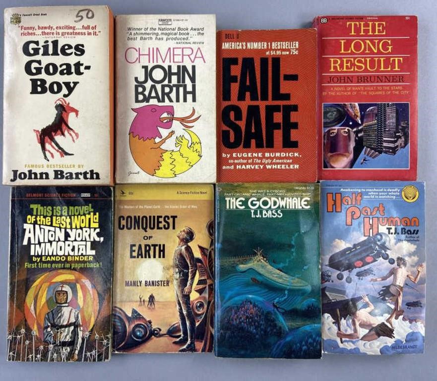 8 Sci Fi Books Barth, Bass, Banister, Binder