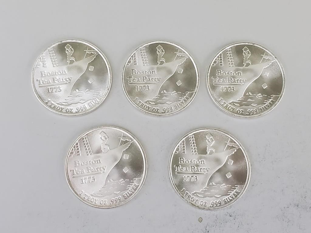 5 One Ounce Fine Silver Boston Tea Party Coins.