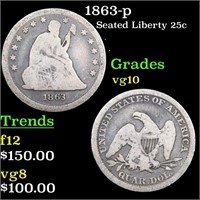 1863-p Seated Liberty 25c Grades vg+
