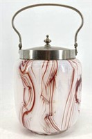 Opalescent & Red Glass Biscuit Jar / Cookie Jar