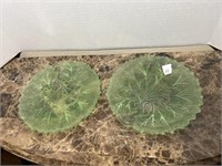 2 GREEN PRESSED GLASS PLATES 8 1/2" DIAMETER