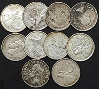 10 Canadian Silver Quarters George VI & Elizabeth
