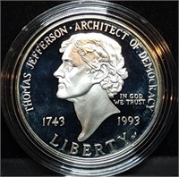 1993 Thomas Jefferson Proof Silver Dollar in Cap
