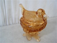 Vintage Westmoreland Amber Glass Bird on Nest Dish