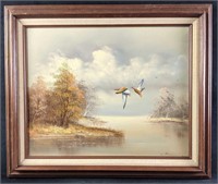 Framed Vintage Acrylic Painting of a Lake