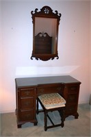 Mahogany 7 drawer vanity with mirror and stool