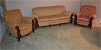 3 piece carved wood and upholstered Art Deco LR su