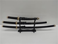Samurai knife and sword set (3) with stand