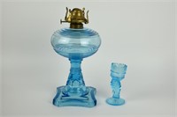 Blue Glass Oil Lamp w/ Match Holder Base